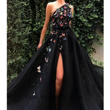 Черное вечернее платье из тюля, с поясом и высоким разрезом, на одно плечо, с украшением в виде бабочки 2024 - купить недорого