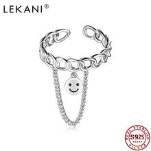 LEKANI 100% 925 Sterling Silver Open Adjustable Smiley Lucky Ring with Chain Finger Rings For Women Statement Silver Jewelry 2024 - buy cheap