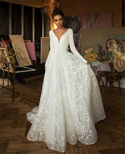 Long Sleeves Lace Wedding Dress 2022 V-neck Boho Bridal Gowns Satin Backless White Vestido de noiva Plus size Wedding Gowns 2024 - buy cheap