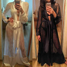 Roupão de renda para mulheres, robe longo transparente, camisola feminina, vestido preto e branco, roupa de dormir 2024 - compre barato