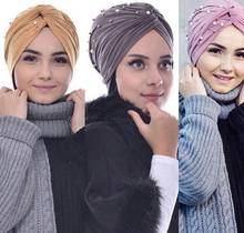 2022 nova camurça muçulmana turbante tampões torção de veludo pérolas turbante gorro mulher chapéu indiano inverno turbante femme musulman bandana 2024 - compre barato