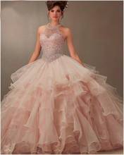 Champanhe baratos quinceanera vestidos de baile halter organza frisado inchado doce 16 vestidos 2024 - compre barato