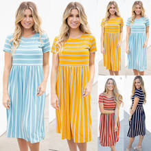 Sweet A-Line Striped Summer Dress Woman 2021 O-Neck T-Shirt Dresses With Short Sleeve Mid Robe Loose Waist Women's Chic Vestidos 2024 - buy cheap