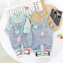 Autumn Infant Baby's Sets Long Sleeve Plaid Lapel Collar Shirts + Overalls Denim Jeans Trousers Kids Girls Clothing 2Pcs Suits 2024 - buy cheap