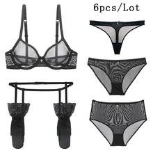 Conjunto de lencería Sexy para mujer, Tanga de cintura baja, bragas de cintura alta, medias, 6 piezas 2024 - compra barato