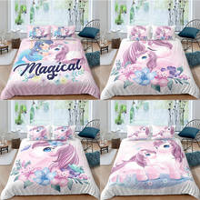 Juego de ropa de cama para niñas, edredón con dibujos de unicornios, funda de almohada, tamaño individual/completo/Queen/King 2024 - compra barato