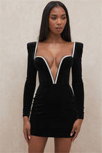 Высокое качество черный сексуальный глубокий v-образный вырез алмазы Бархатное облегающее мини платье 2020 в винтажном стиле, элегантное, Клубное вечернее вечерние платье Vestidos 2024 - купить недорого