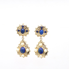 Vintage Style Light Yellow Gold Color Layer Lapis Lazuli Stud Earrings for Women Imitation Pearl Jewelry 2024 - buy cheap