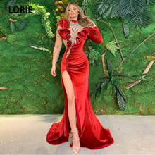 LORIE Arabic Evening Dress High Neck Long Sleeves Ruffles High Side Split Mermaid Luxury Crystals Prom Gown Red Party Dress 2021 2024 - buy cheap