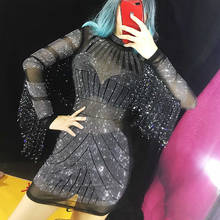 Bright Rhinestone Long Sleeve Tassel Dresses Female Singer DJ Costume Nightclub Bar Sexy Perspective Dress Stage Outfits DWY3397 2024 - buy cheap