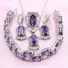 Bride Jewelry Sets For Women Elegant Purple Cubic Zirconia Silver Color Earrings Bracelet Necklace Pendant Ring Christmas Gift 2024 - buy cheap