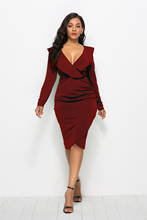 New 2021 Women plus size fashion solid color long sleeve Lotus leaf v-neck dress knee length hips bodycon office ladies dresses 2024 - buy cheap