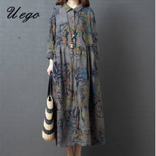 Uego 2022 New Arrival Long Sleeve Spring Dress Linen Cotton Print Floral Vintage Blouse Dress Women Autumn Casual Midi Dress 2024 - buy cheap