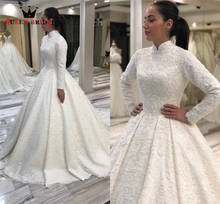 Feito sob encomenda vestido de casamento 2021 muçulmano manga longa renda frisado cristal formal casamento vestidos luxo kw15 2024 - compre barato