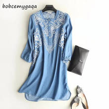 Embroidered Summer Denim Dress Women Light Blue O Neck Long Sleeve dress Loose Soft Jeans Shirt Dress Spring vestidos mujer 2024 - buy cheap