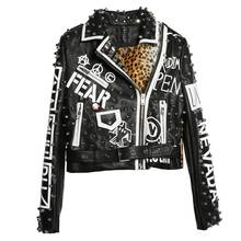 2022 Spring Graffiti printed rivet leopard pu leather jacket women stitching short motorcycle leather long-sleeved punk rock coa 2024 - buy cheap