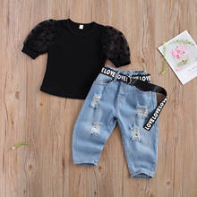 Kids Child Girls Casual 3Pcs Clothes Set  Black Short Sleeve Tops Shirt + Denim Ripped Blue Elastic Waist Jeans+Waistband 2-7T 2024 - buy cheap