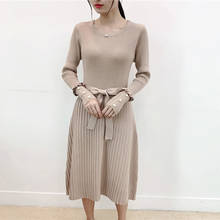 Autumn Winter Full Sleeve O-neck Sweater Dress Women Elegant Pleated Slim Bodycon Dresses Office Lady Korean Style Beading Dress 2024 - buy cheap