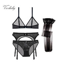 Varsbaby sexy bra+panty+garter+stockings 4 pcs transparent deep V wire free seamless breathable bra set 2024 - buy cheap