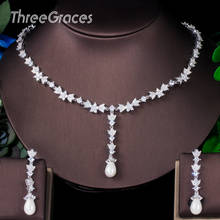 ThreeGraces Elegant White CZ Stone Bridal Wedding Long Pearl Necklace and Drop Earrings Negerian Costume Jewelry Sets JS622 2024 - buy cheap