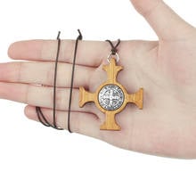 Pingente de corrente de madeira de santo benedito, colar com corrente de proteção, cruz romana católica, jóias de oração 2024 - compre barato
