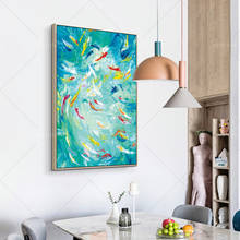 Pintura al óleo abstracta hecha a mano para decoración del hogar, lienzo de pintura al óleo con peces de colores, naturaleza azul, el mejor arte 2024 - compra barato