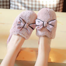 Cute bow-knot closed toe fur slippers winter home cotton shoes woman mules flats warm slides indoor comfy lazy female flip flops 2024 - buy cheap