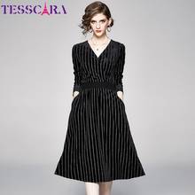TESSCARA Women Autumn & Winter Elegant Velvet Dress Festa High Quality Vintage V-Neck Party Robe Femme Stripe Designer Vestidos 2024 - buy cheap