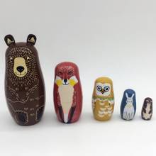 Boneco de madeira matryoshka infantil, 5 tamanhos, bonito, raposa, animal, brinquedo educacional para crianças, presente de aniversário 2024 - compre barato