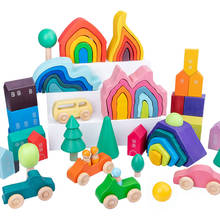 Brinquedo empilhador de arco-íris de madeira, blocos de construção educacionais montessori, floresta, castelo, mar, ondas, vulcânicos, brinquedos para crianças 2024 - compre barato