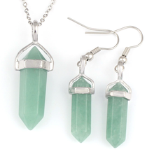 KFT Silver Plated Natural Pendulums Hexagon Column Stone Pendulum Pendant Necklace Green Aventurine Earrings Jewelry Sets 2024 - buy cheap