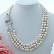 19 дюймов 8-9 мм 3-жильное ожерелье с белым жемчугом и фианитами 2024 - купить недорого