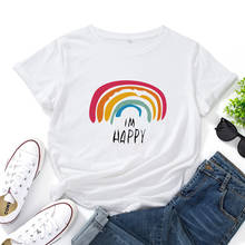 Camiseta con estampado de arcoíris I M HAPPY para Mujer, blusa informal de algodón de manga corta con cuello redondo para Mujer, ropa de moda Harajuku con escena Natural 2024 - compra barato