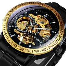 Marca WINNER-reloj mecánico automático de lujo para hombre, pulsera con esqueleto dorado y negro, de acero inoxidable, taquímetro del ejército 2024 - compra barato