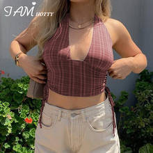 Vintage sexy xadrez impressão cabresto camisola feminina moda v pescoço estético marrom colheita topo verão harajuku bonito colete iamhotty 2024 - compre barato