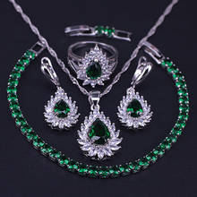 Conjunto de joias 925 de prata gotas, pedra verde, feminina, brincos, colar, anel, pulseira branca, venda diretamente da fábrica 2024 - compre barato