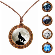 Full Moon White Wood Necklace Wolf Animal Wooden Pendant Wood Wax Rope Chain Necklaces Glass Cabochon Jewelry Gift 2024 - buy cheap