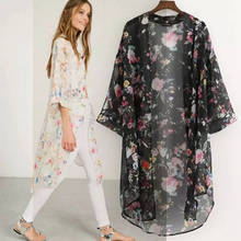 Cardigan feminino kimono vintage, casaco kimono longo de crochê chiffon preto estampado 2024 - compre barato