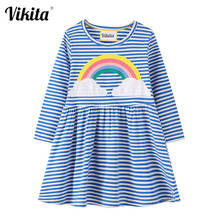 VIKITA Kids Striped Dresses Children Rainbow Animals Applique Long Sleeve Dresses Kids Casual Autumn Wear Children Clothing 2024 - buy cheap