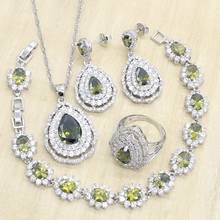 925 серебряные ювелирные наборы оливковый зеленый цирконий висячие серьги ожерелье Обручальное кольцо для женщин бесплатная подарочная коробка 2024 - купить недорого