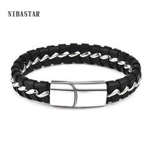 Hot Fashion Handmade Braided Black Leather Bracelet Mens Bracelets with Stainless Steel Buckle Wrap Bracelet 2024 - buy cheap