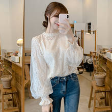 2020 Women Lace Blouse Ladies Elegant Puff Sleeve Lace Upper All-match Crochet Long Lantern Sleeved Base Shirt Pullovers 2024 - buy cheap