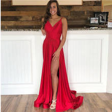 Simple Red V-Neck Prom Dresses 2021 Sexy Side Split Spaghetti Straps Satin Sleeveless Long Party Evening Gown Open Back 2024 - buy cheap