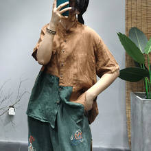 Blusa feminina de linho, camisa feminina folgada contraste cor linho vintage retalhos irregular camisa 2021 2024 - compre barato
