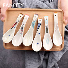 FANCITY Household Japanese retro hand-painted spoon ceramic long handle spoon spoon spoon spoon stirring spoon drink soup dinner 2024 - buy cheap