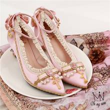 Princess tea party kawaii  court retro lace bowknot shallow mouth lolita high heel pointed pearl elegant women shoes loli cos 2024 - buy cheap