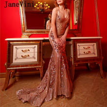 JaneVini 2019 Sparkling Sequines Mermaid Long Evening Dress Sexy V Neck Sleeveless Sweep Train Dinner Formal Dresses for Women 2024 - buy cheap