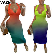 Женское платье до середины икры VAZN, повседневное, сексуальное, однотонное, оранжевое, зеленое, градиентное, без рукавов, с v-образным вырезом, на лето, 2020 2024 - купить недорого