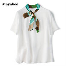 Silk Scarf Tie Top White All-Match Base Silk Short Sleeve Stewardess Fan Shirt Spring Summer 2021 New Products 2024 - buy cheap