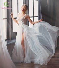 Ssyfashion novo laço branco vestido de noite sexy profundo decote em v sem costas lllusion apliques longo formal vestido de baile 2024 - compre barato